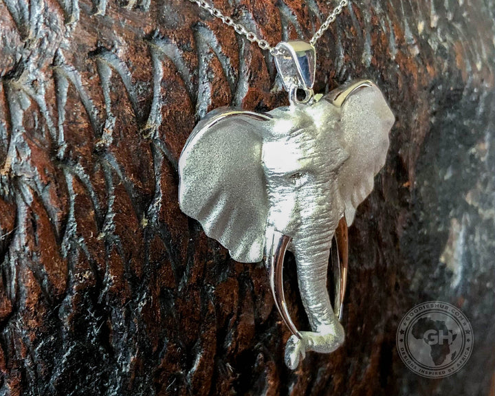 Pendant Silver Large - Africa Elephant Head with Diamond Eyes &amp; 45cm Chain