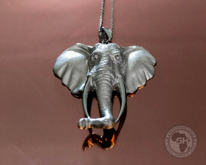 Pendant Silver Large - Africa Elephant Head with Diamond Eyes &amp; 45cm Chain
