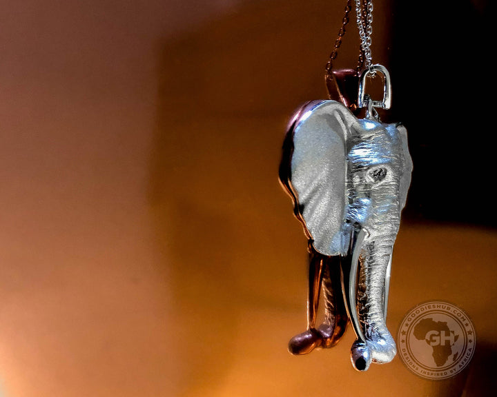 Pendant Silver Large - Africa Elephant Head with Diamond Eyes &amp; 45cm Chain