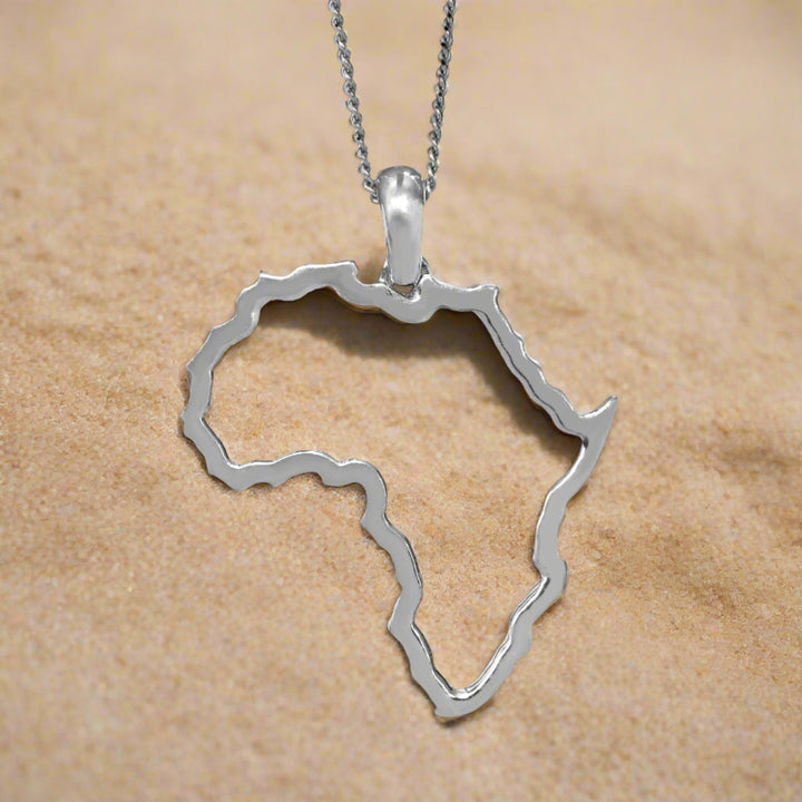 Large Map of Africa White Gold Outline Pendant &amp; Chain 45cm