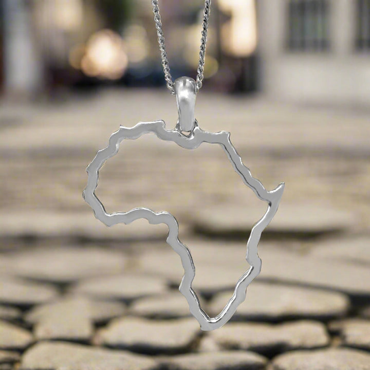 Medium Map of Africa White Gold Outline Pendant &amp; Chain 45cm