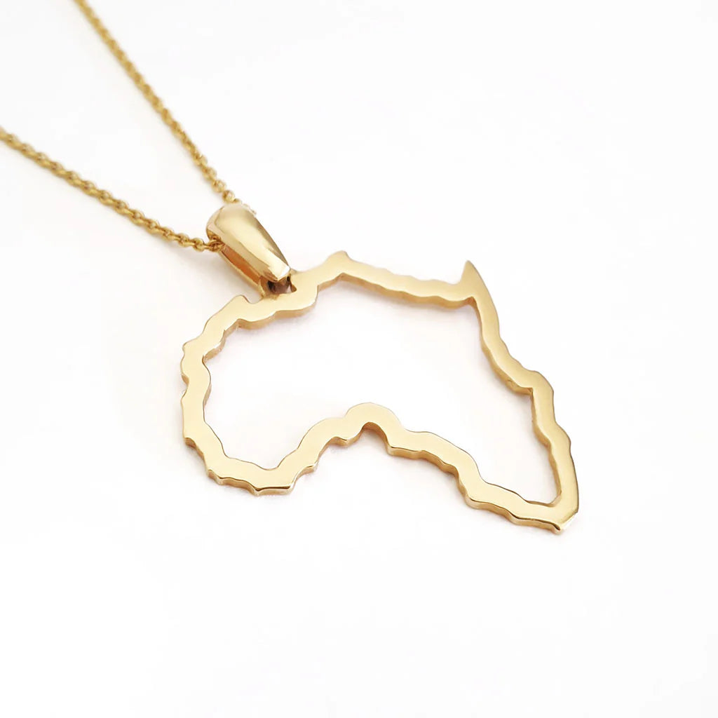 Large Map of Africa Yellow Gold Outline Pendant &amp; Chain 45cm