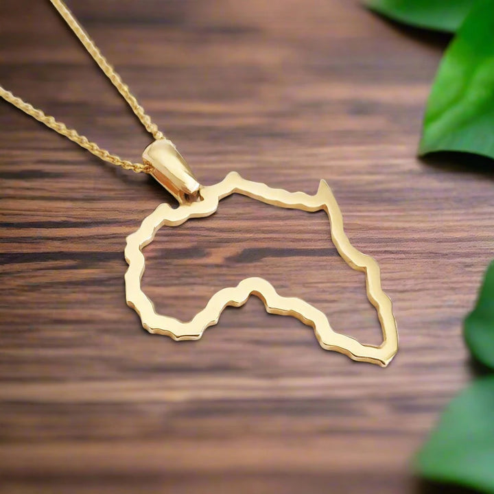 Large Map of Africa Yellow Gold Outline Pendant &amp; Chain 45cm