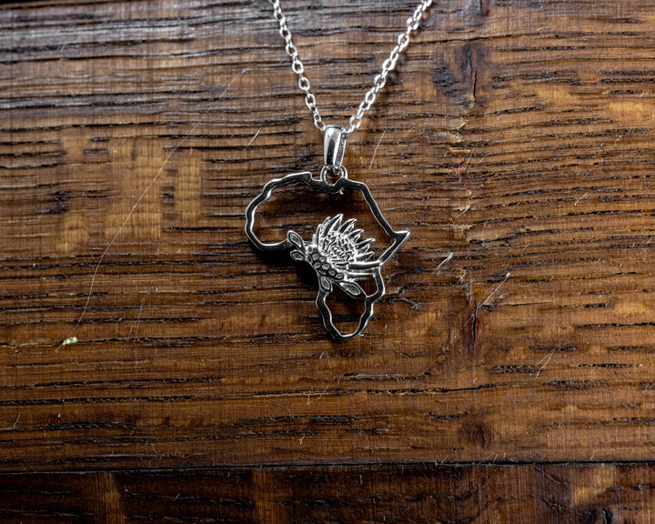 Map of Africa Protea Silver Pendant &amp; Chain 45cm