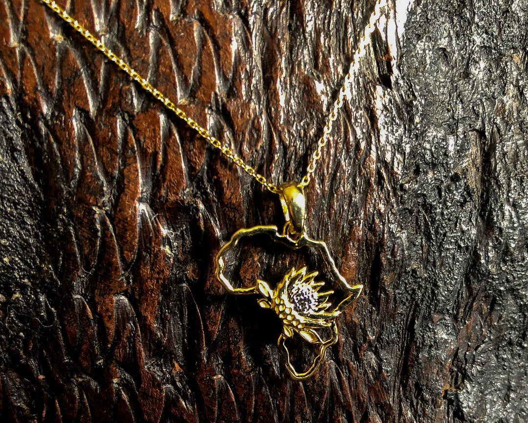 Map of Africa Protea Yellow Gold Pendant &amp; Chain 45cm