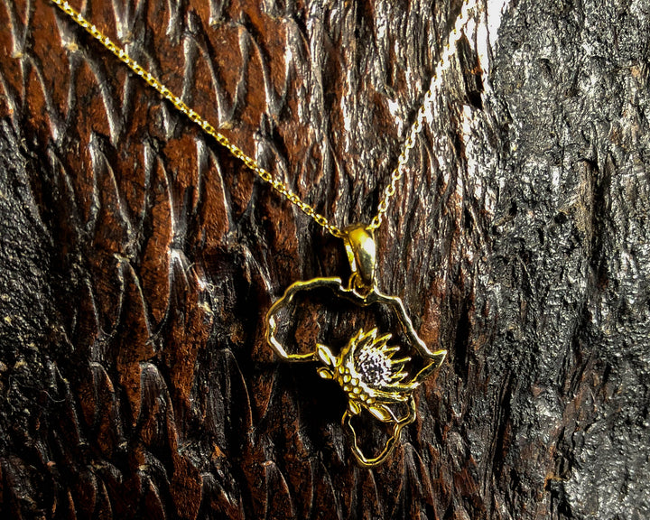 Map of Africa Protea Yellow Gold Pendant &amp; Chain 45cm