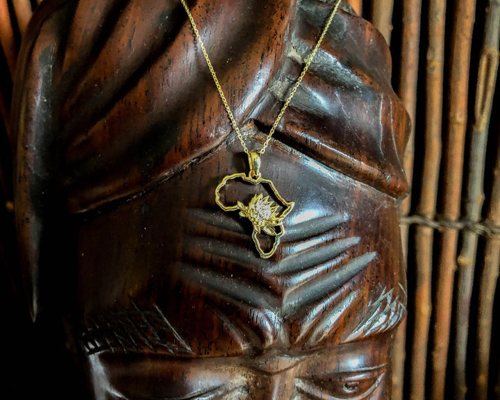 Map of Africa Protea Yellow Gold Pendant &amp; Chain 45cm