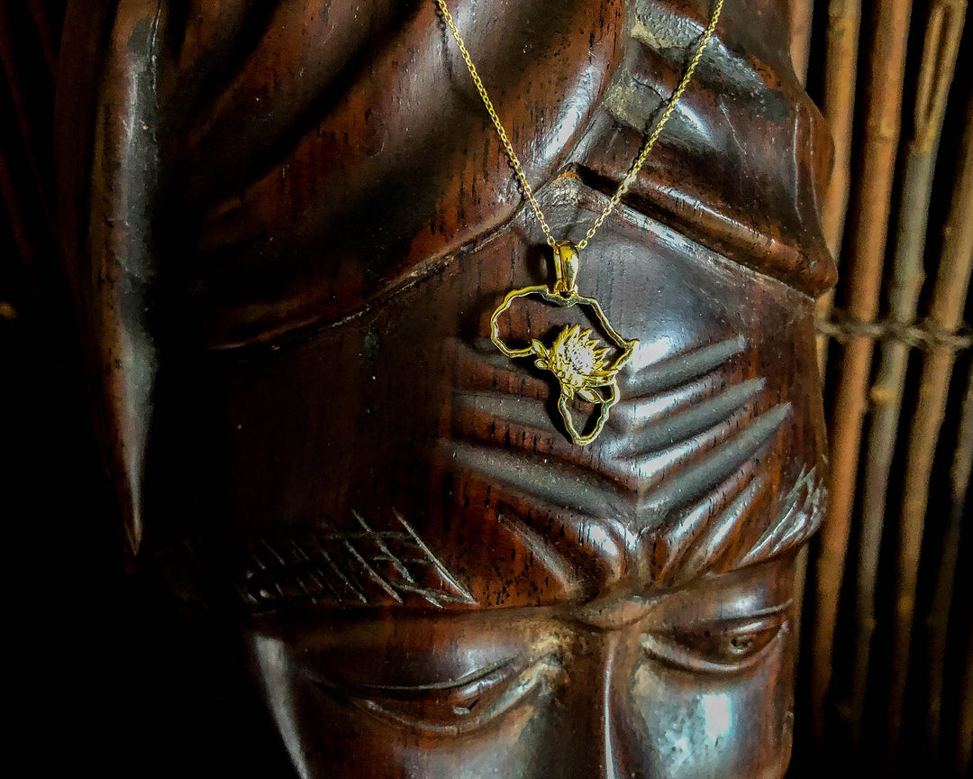 Map of Africa Protea Yellow Gold Pendant &amp; Chain 45cm
