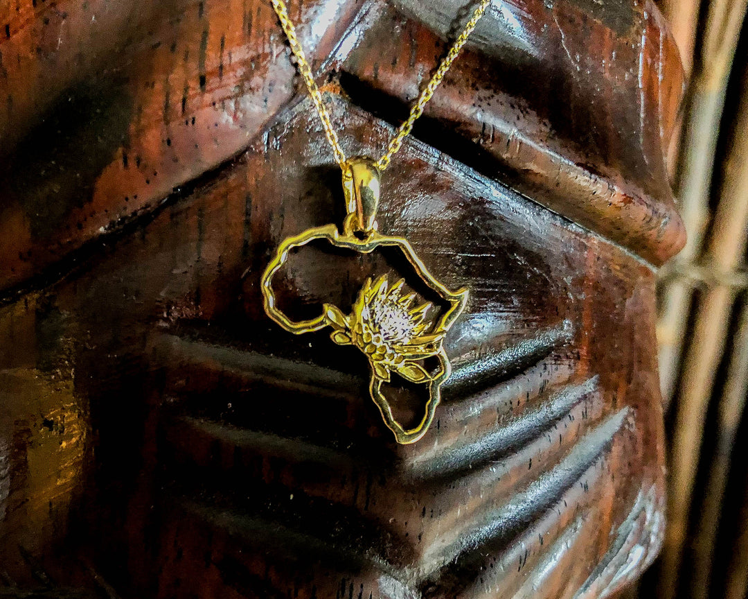 Map of Africa Protea Yellow Gold Pendant &amp; Chain 45cm