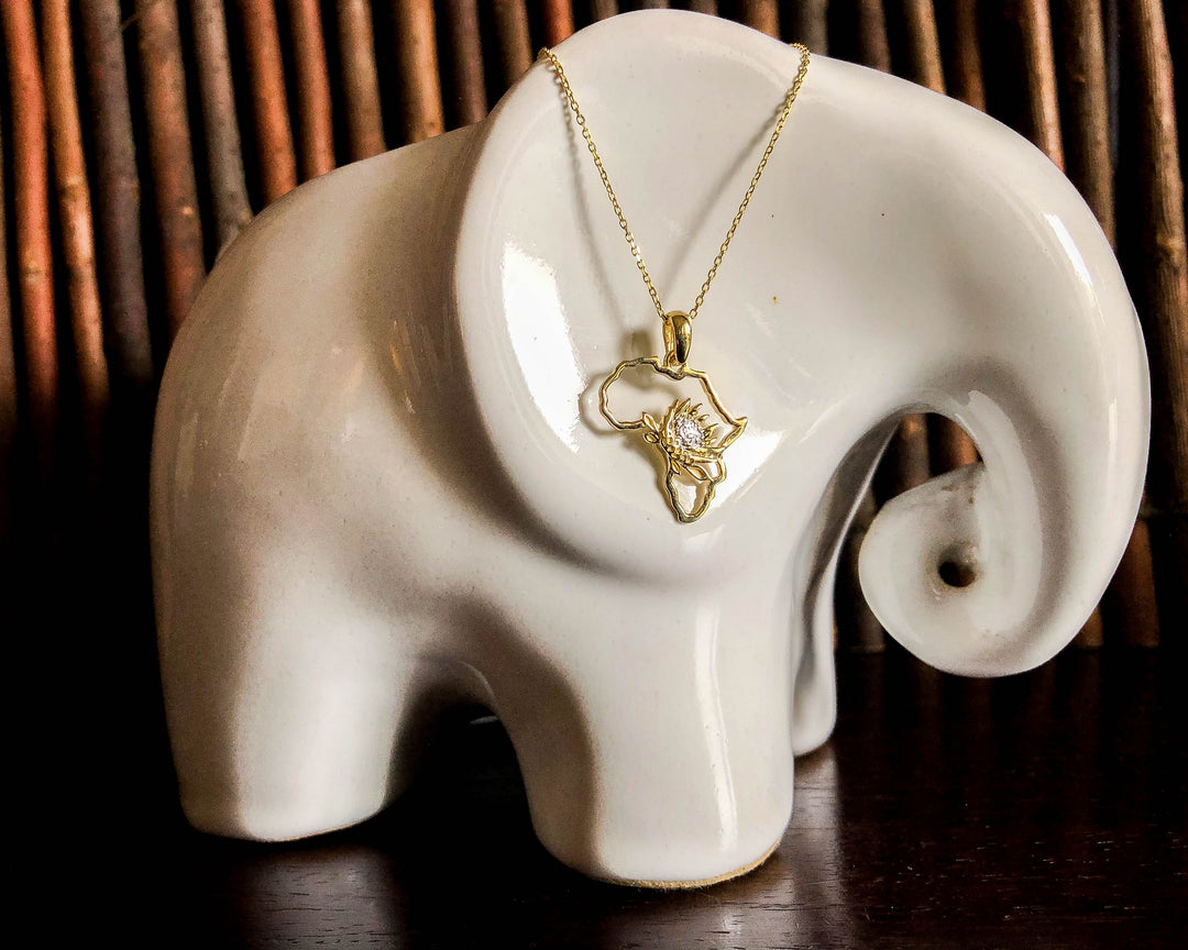 Map of Africa Protea Yellow Gold Pendant &amp; Chain 45cm