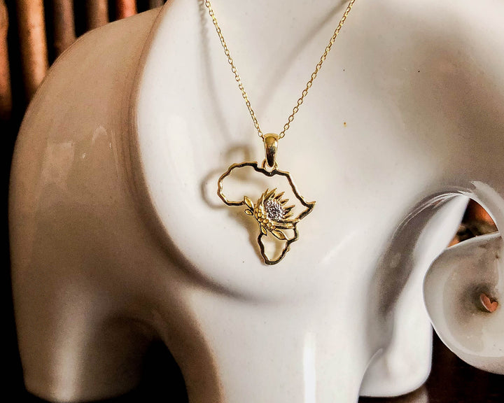 Map of Africa Protea Yellow Gold Pendant &amp; Chain 45cm