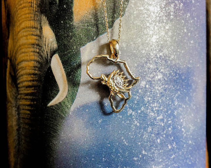 Map of Africa Protea Yellow Gold Pendant &amp; Chain 45cm