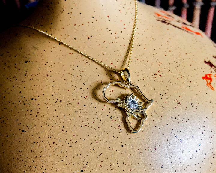 Map of Africa Protea Yellow Gold Pendant &amp; Chain 45cm
