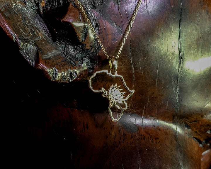 Map of Africa Protea Yellow Gold Pendant &amp; Chain 45cm