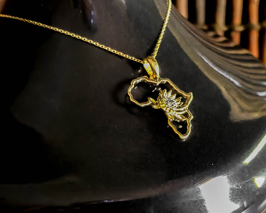 Map of Africa Protea Yellow Gold Pendant &amp; Chain 45cm