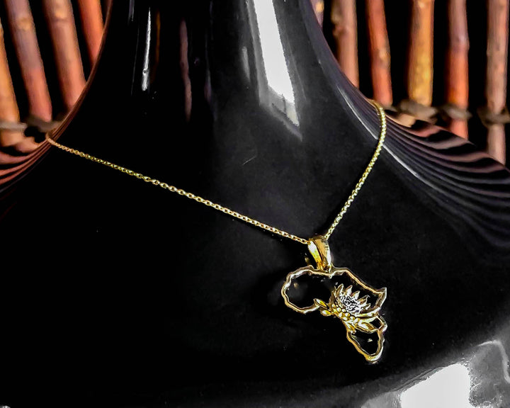Map of Africa Protea Yellow Gold Pendant &amp; Chain 45cm