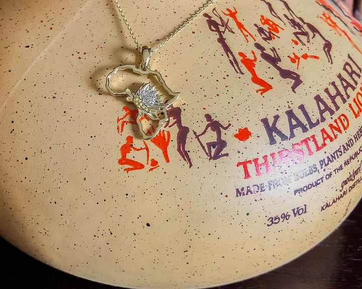 Map of Africa Protea Yellow Gold Pendant &amp; Chain 45cm