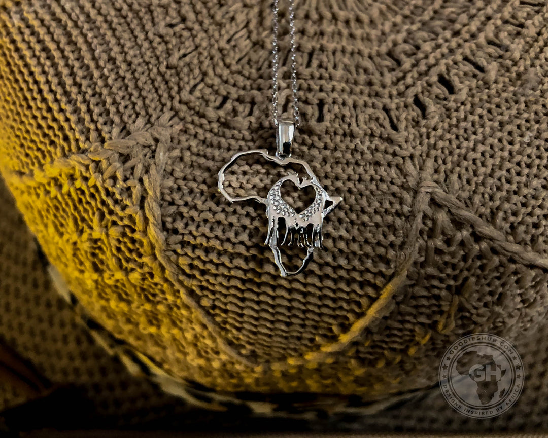 Africa Map For the Love of Giraffes Silver Pendant &amp; Chain 45cm
