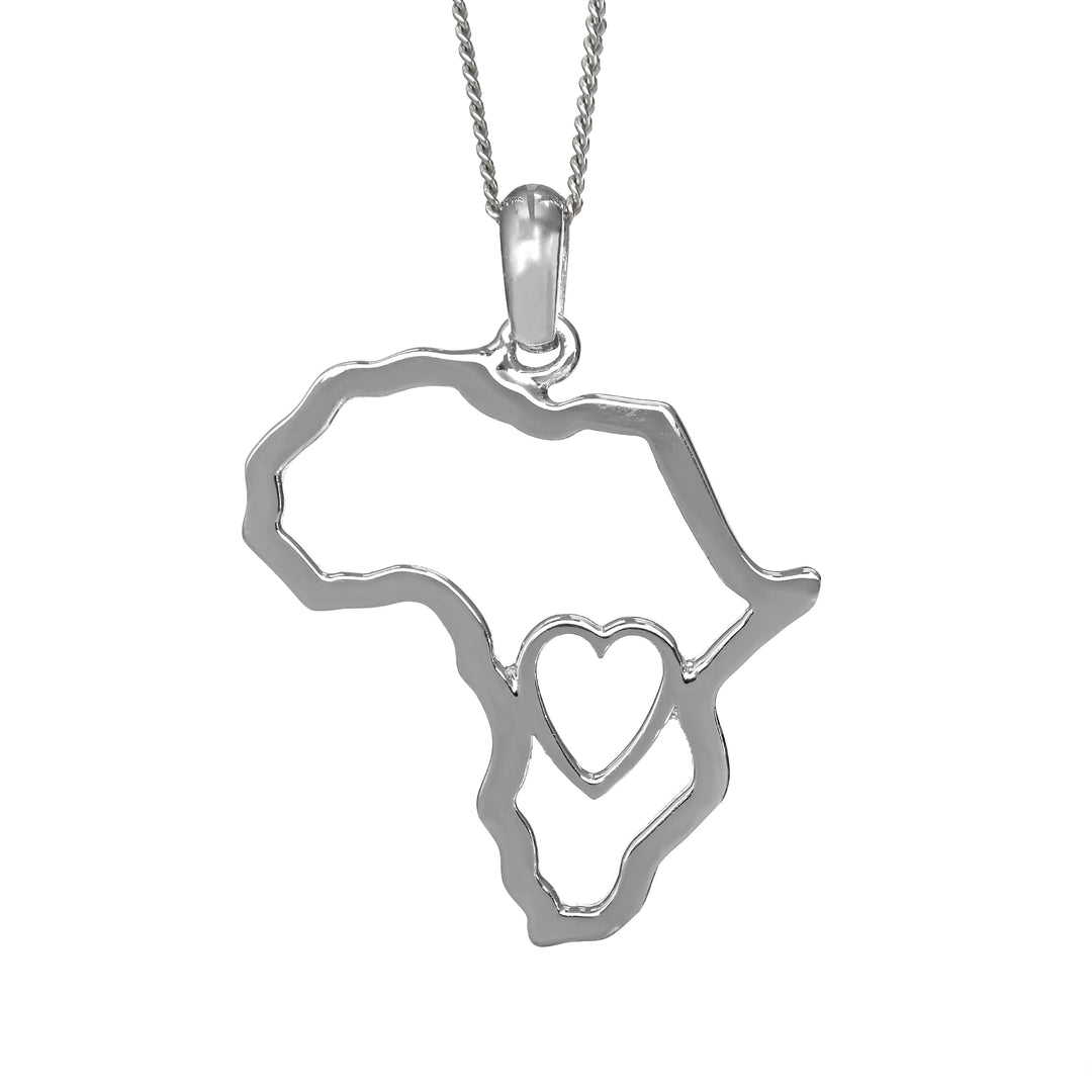 Africa Map Outline with Heart Detail Pendant White Gold &amp; Chain 45cm