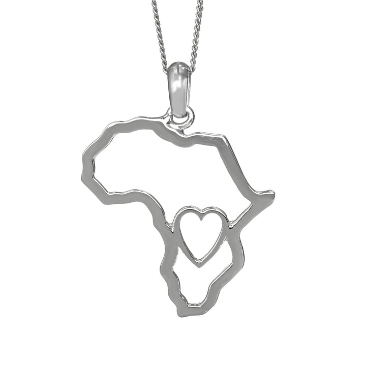 Africa Map Outline with Heart Detail Pendant White Gold &amp; Chain 45cm