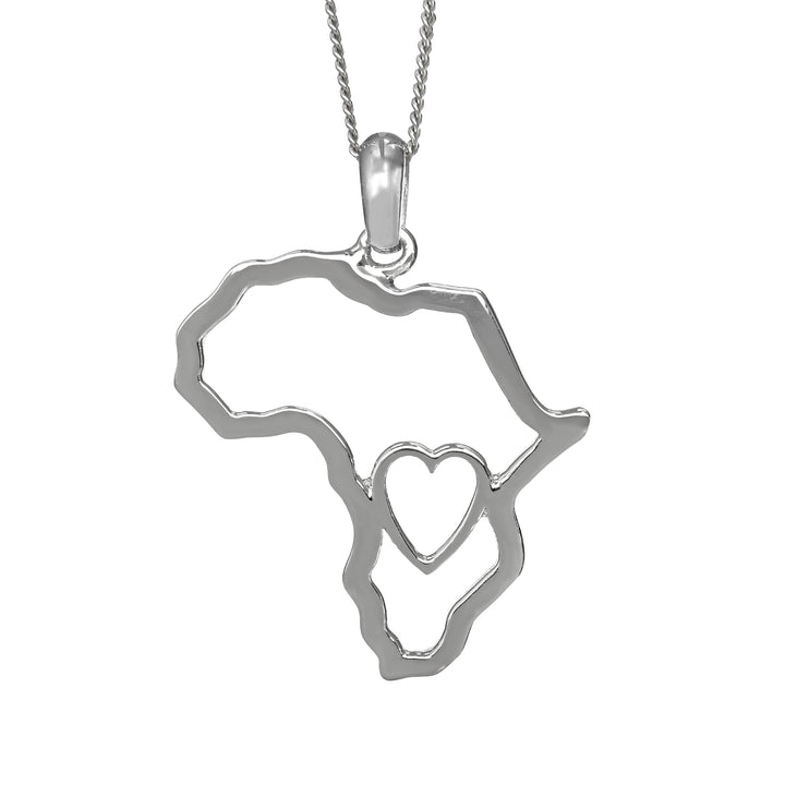 Africa Map Outline with Heart Detail Pendant Silver &amp; Chain 45cm