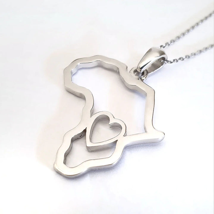 Africa Map Outline with Heart Detail Pendant White Gold &amp; Chain 45cm