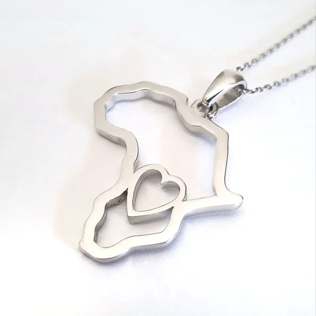 Africa Map Outline with Heart Detail Pendant Silver &amp; Chain 45cm