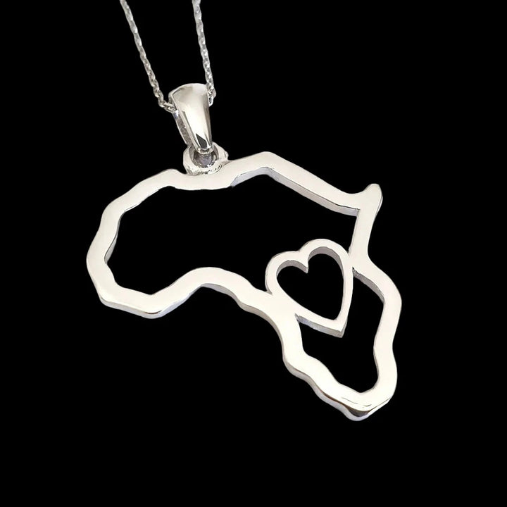 Africa Map Outline with Heart Detail Pendant White Gold &amp; Chain 45cm