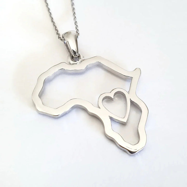 Africa Map Outline with Heart Detail Pendant Silver &amp; Chain 45cm