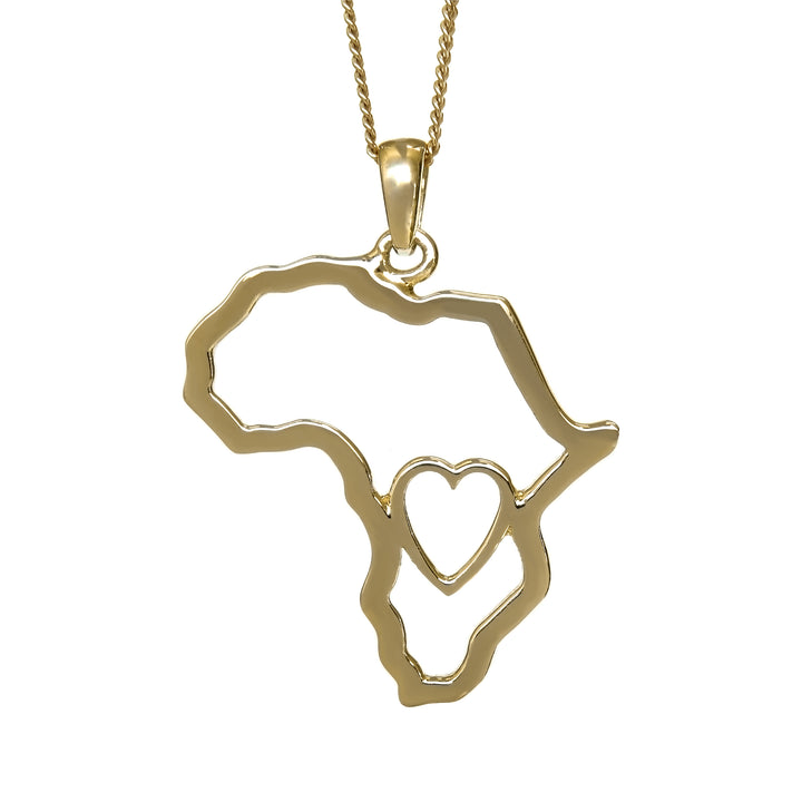 Africa Map Outline with Heart Detail Pendant Yellow Gold &amp; Chain 45cm