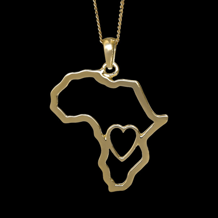 Africa Map Outline with Heart Detail Pendant Yellow Gold &amp; Chain 45cm