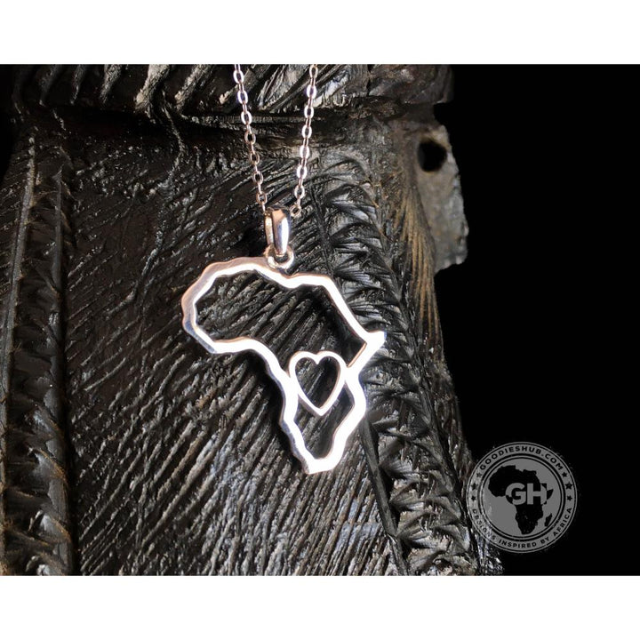 Africa Map Outline with Heart Detail Pendant Silver &amp; Chain 45cm