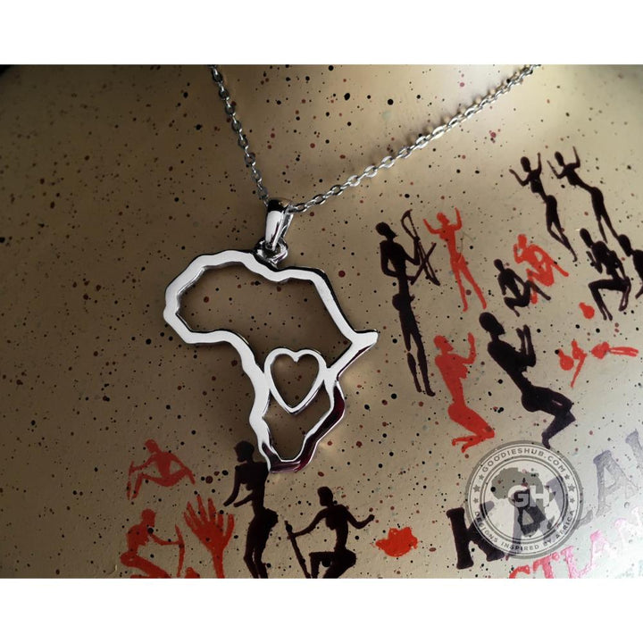 Africa Map Outline with Heart Detail Pendant Silver &amp; Chain 45cm