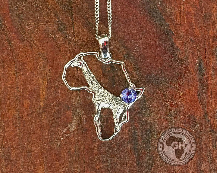 Africa Map Giraffe Silver Pendant Set with Tanzanite &amp; Chain 45cm