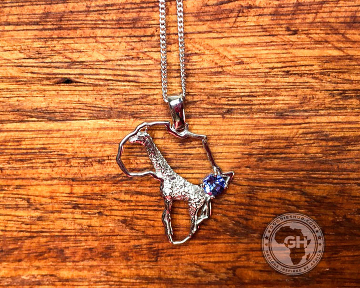 Africa Map Giraffe Silver Pendant Set with Tanzanite &amp; Chain 45cm