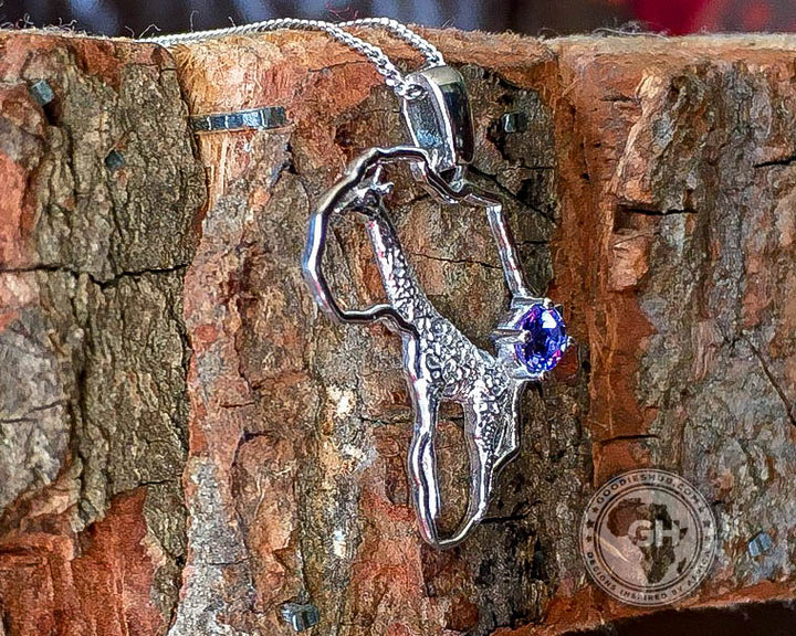 Africa Map Giraffe Silver Pendant Set with Tanzanite &amp; Chain 45cm