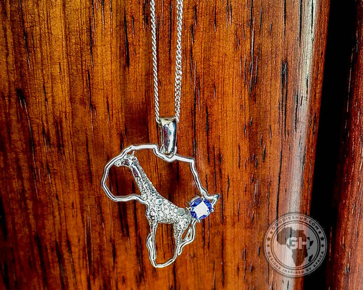 Africa Map Giraffe Silver Pendant Set with Tanzanite &amp; Chain 45cm