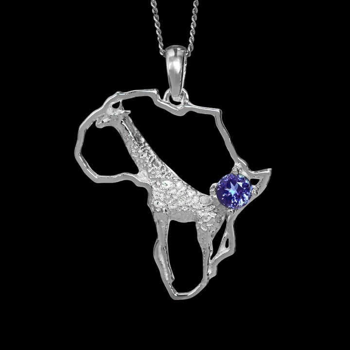 Africa Map Giraffe Silver Pendant Set with Tanzanite &amp; Chain 45cm