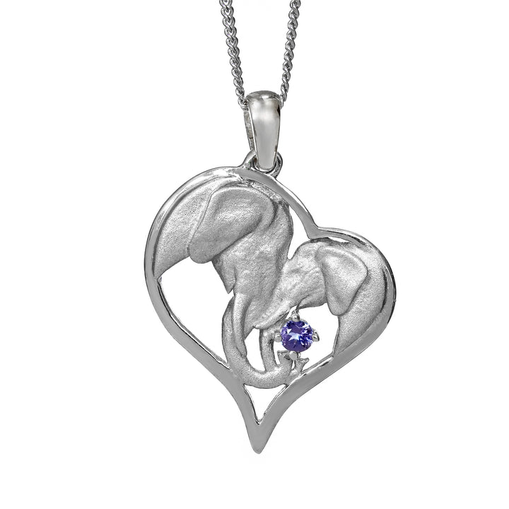 Heart White Gold Elephant Pendant Set with Tanzanite &amp; Chain 45cm