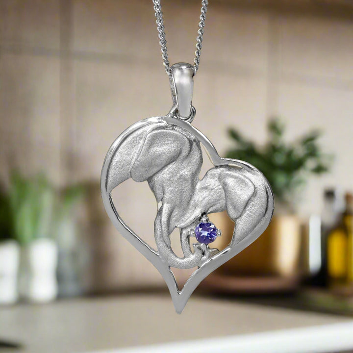 Heart White Gold Elephant Pendant Set with Tanzanite &amp; Chain 45cm