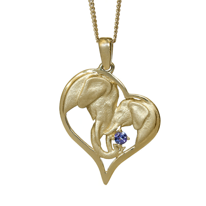 Heart Yellow Gold Elephant Pendant Set with Tanzanite &amp; Chain 45cm