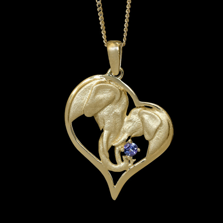 Heart Yellow Gold Elephant Pendant Set with Tanzanite &amp; Chain 45cm