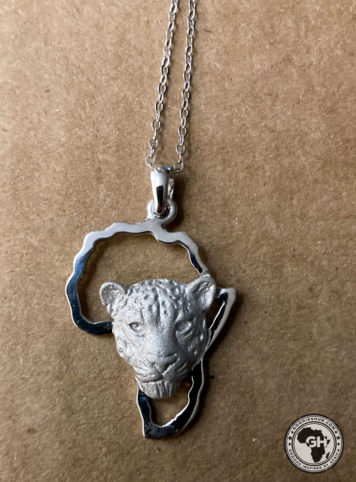 Africa Map with Leopard Head Silver Pendant &amp; Chain 45cm