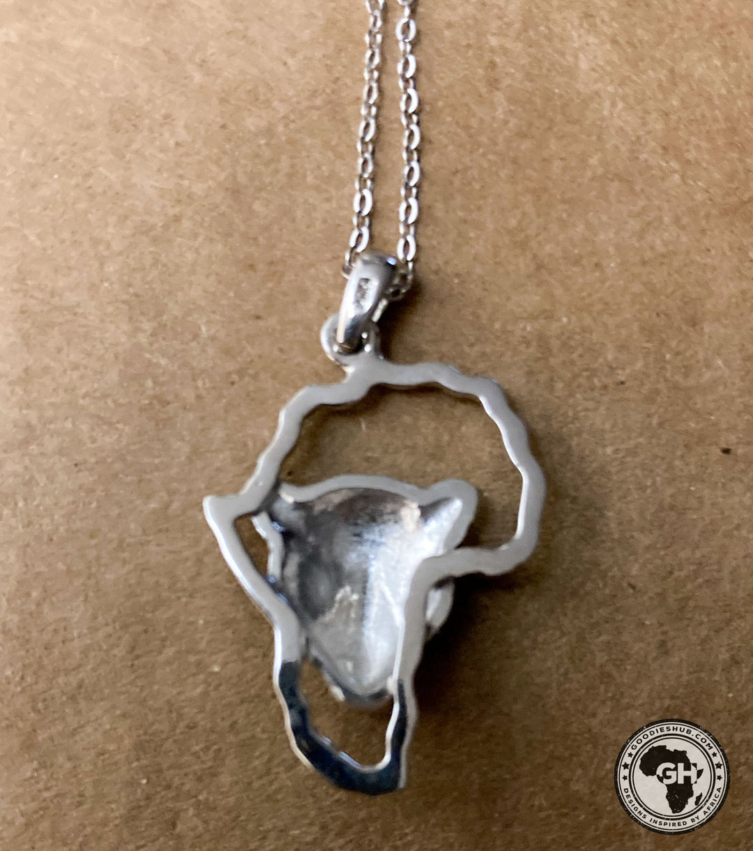 Africa Map with Leopard Head Silver Pendant &amp; Chain 45cm