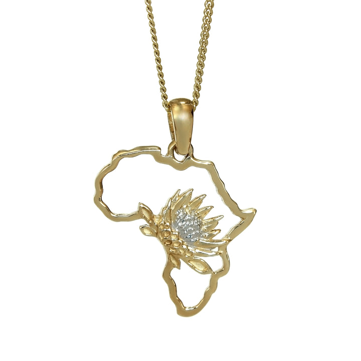 Map of Africa Protea Yellow Gold Pendant &amp; Chain 45cm