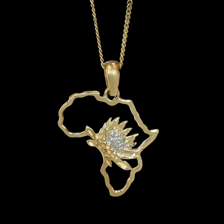 Map of Africa Protea Yellow Gold Pendant &amp; Chain 45cm