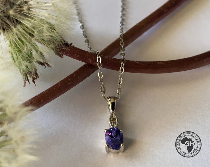 Oval Tanzanite Pendant with Diamond - Silver with 1 x 5x4mm Oval Tanzanite and 1 x Dia &amp; Chain 45cm