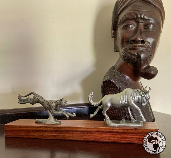Wildebeest and Cheetah Chase Pewter Sculpture