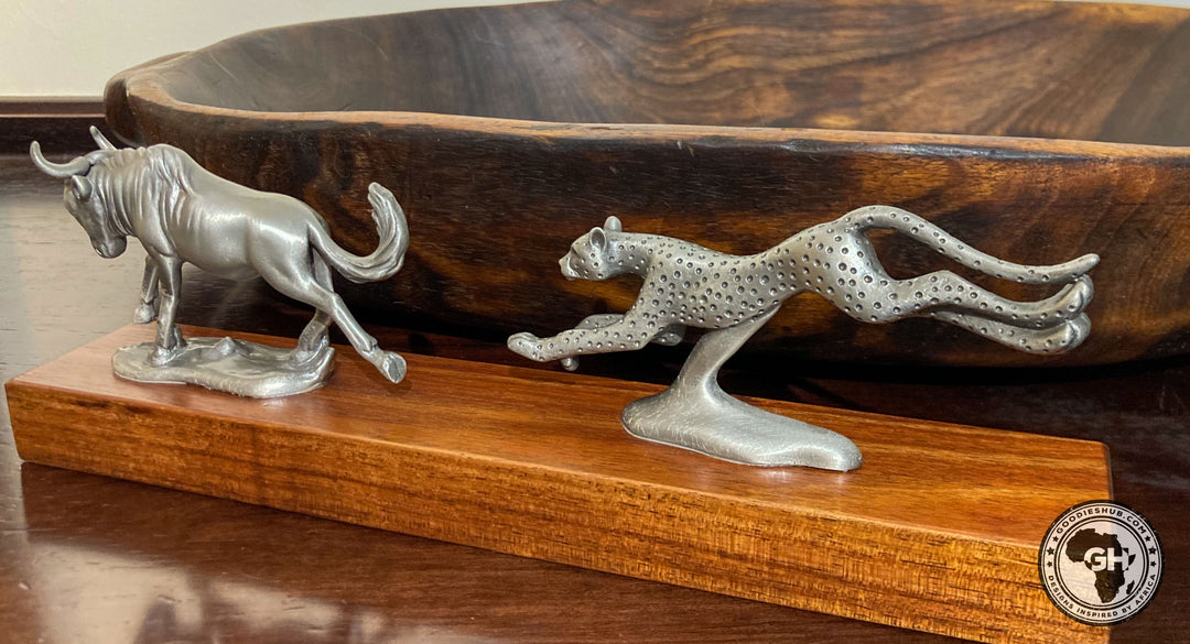 Wildebeest and Cheetah Chase Pewter Sculpture