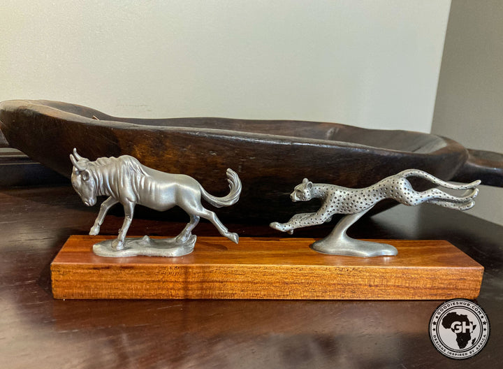 Wildebeest and Cheetah Chase Pewter Sculpture